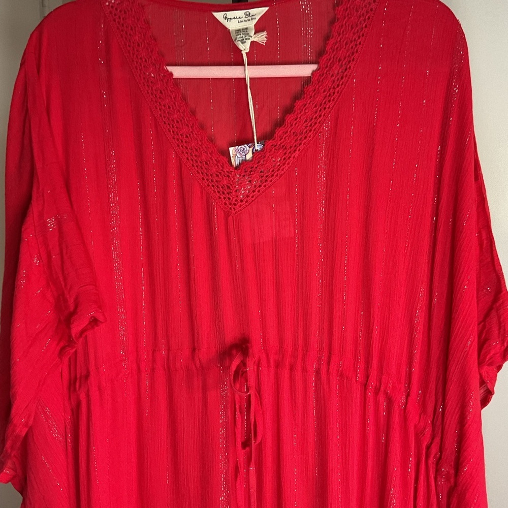 Gypsie Blu Red Rayon Kaftan Maxi Dress OS Plus Lurex Stripe Boho Vacation - Picture 3 of 7